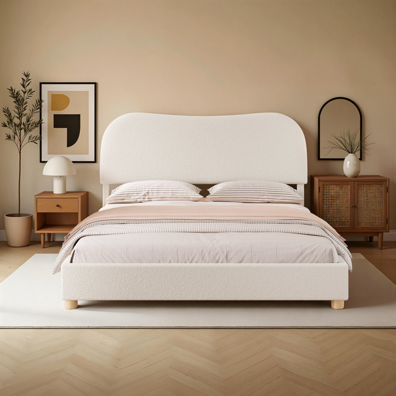 Lovensky Upholstered Wool Platform Bed, Cream, King