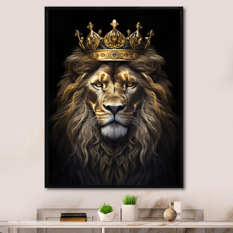 Majestic lion royal avec couronne d'or I - impressions sur toile de lion, H 20 po x l 12 po x P 1 po, Cadre flottant noir