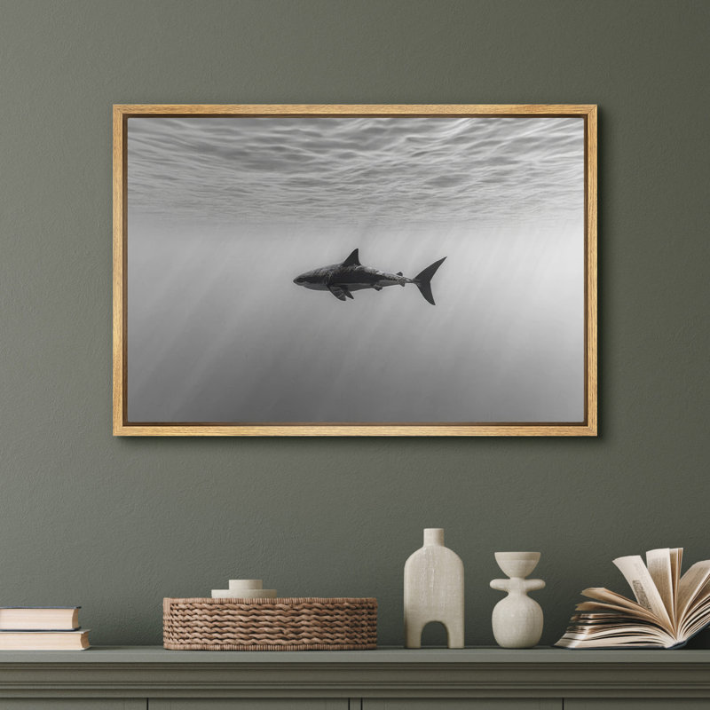 «Black and White Shark Ocean Profond Modern Coastal Decor», reproduction d'art sur toile encadrée, H 16 po x l 24 po