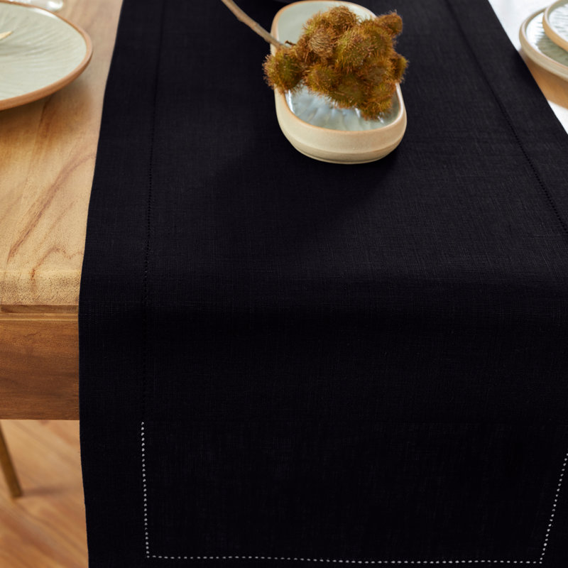 Medium Weight Hemstitch - 100% Pure Linen Table Runner, Black, 72" x 14"
