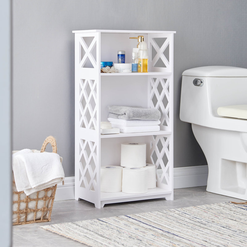 Detmold Three Tier Open Storage Shelves with Durable White Finish and Freestanding Design for Corner or Wall Placement Providing Accessible Organization for Towels Books Office or Bathroom Essentials