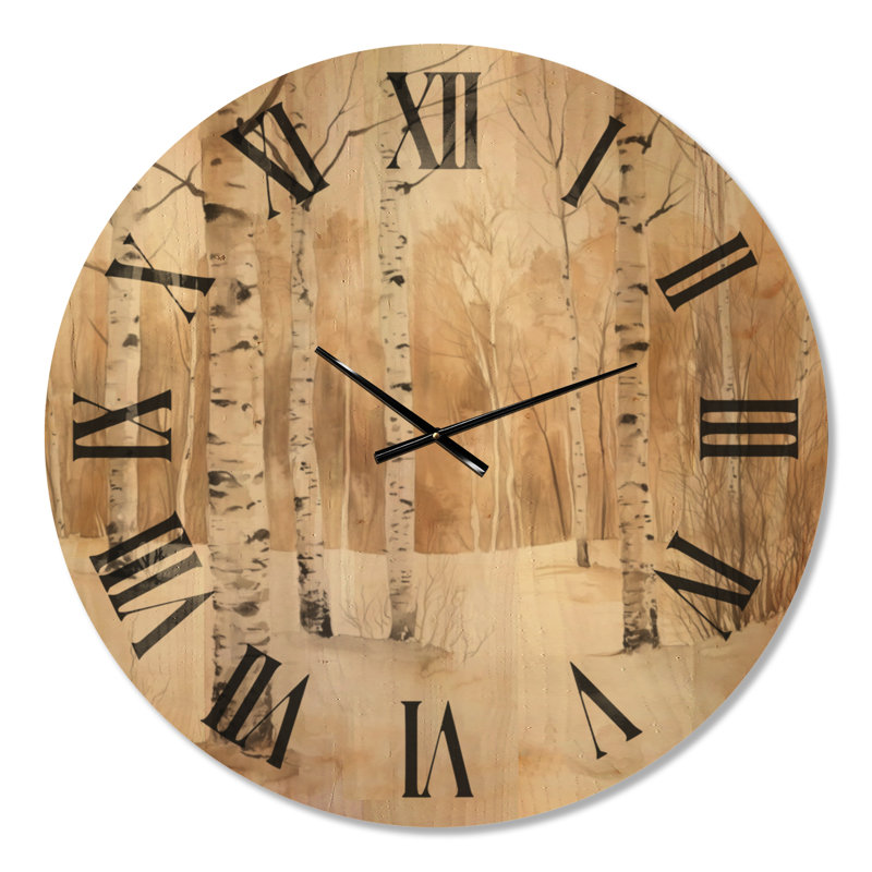 Forêt de bouleaux d'hiver - Horloge murale scandinave surdimensionnée en bois crème, Très grand