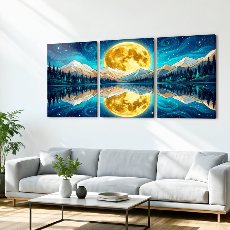 Paysage de montagne au clair de lune, ensemble de 3 reproductions d'art sur toile tendues sur toile, H 24 po x l 48 po