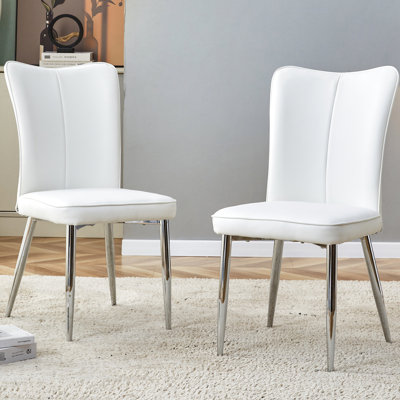 2 White Pu And Silver Metal Dining Chairs - Ergonomic Shape, Quick Assembly Modern Minimalist 2 Piece Seats Legs Good Support For Back