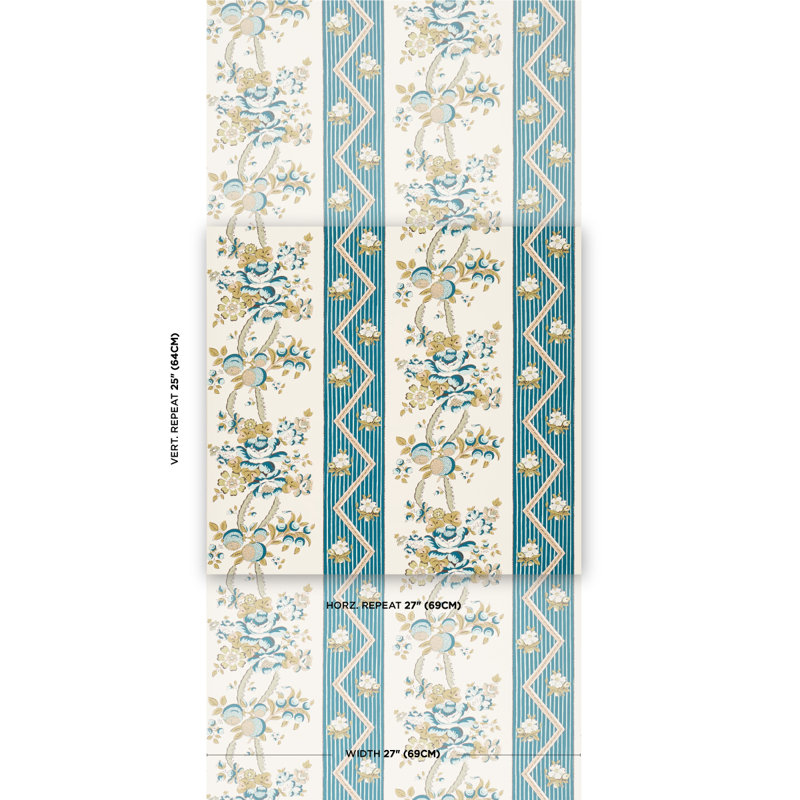Papier peint à rayures florales Sylvain, Bleu sarcelle