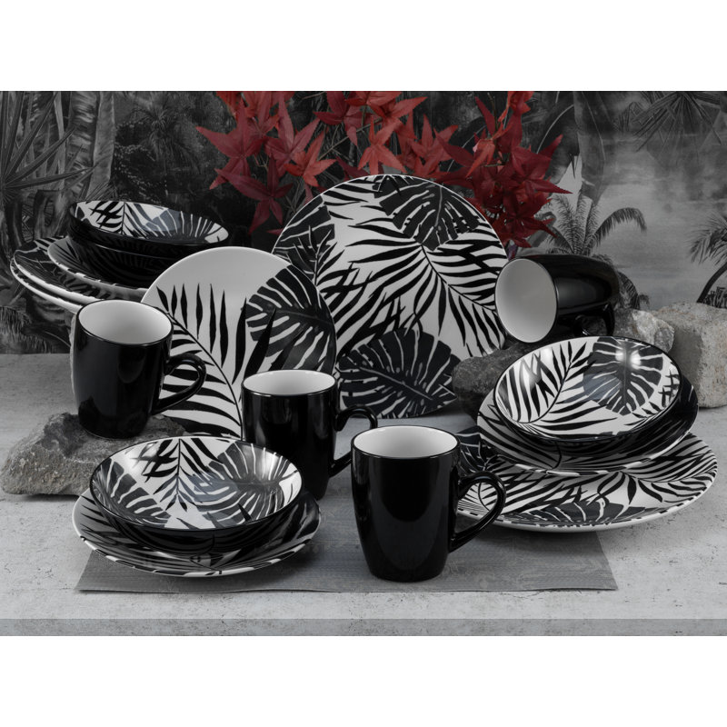 TROPICANA Piece Stoneware Dinnerware Set - Service for 4, White/Black