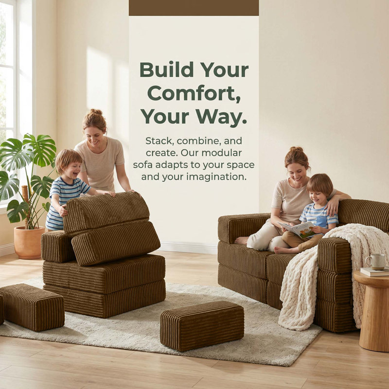 Sisler 8 Piece  141.6" Oversized  U Shape Upholstered  Corduroy Convertible Modular Compression Sofa with Storage Pockets, No Assembly Required