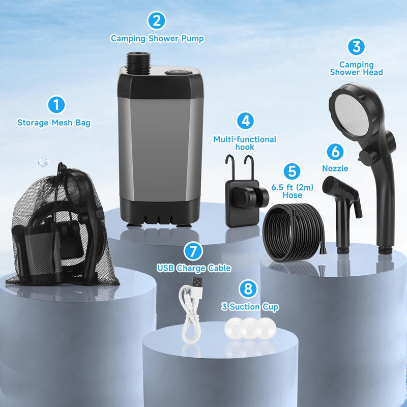 Douche portative pour camping, pompe de douche de camping rechargeable avec affichage à DEL