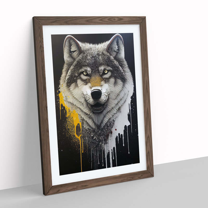 Splashed Wolf No.2 - Single Picture Frame Print, 64cm H x 46cm W x 2cm D, Walnut Framed