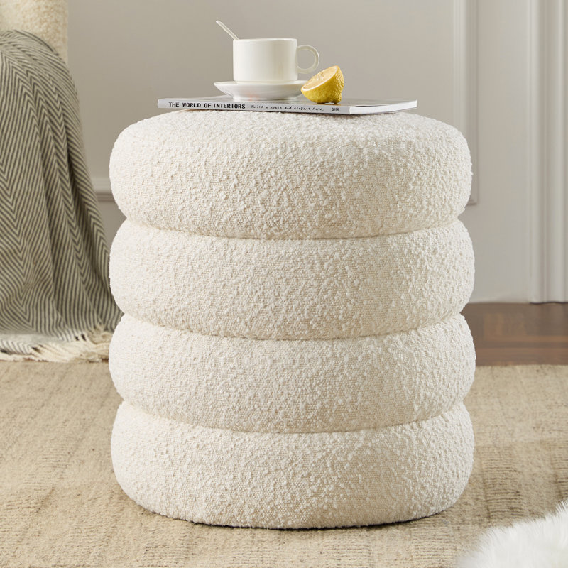 Round Storage Ottoman Boucle Ottoman with Storage Removable Set of 2, White