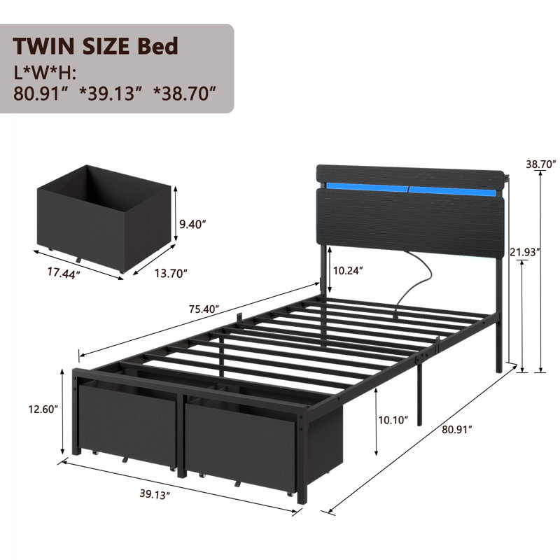 Twin Bed with 2 Drawers and Open Storage Headboard, Adjustable LED Light and Charging Station, No Box Spring Needed, Twin