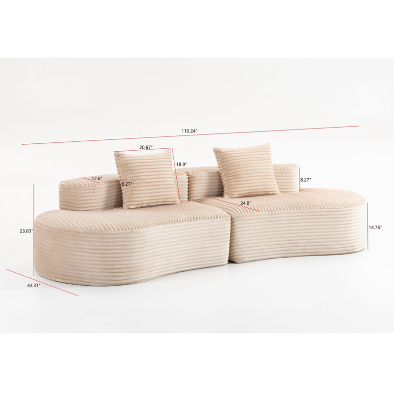 Canapé entièrement compressé de 110,24 po, canapé 2 places en velours côtelé avec 2 coussins lombaires, canapé rembourré à siège profond et confortable, sans nuage