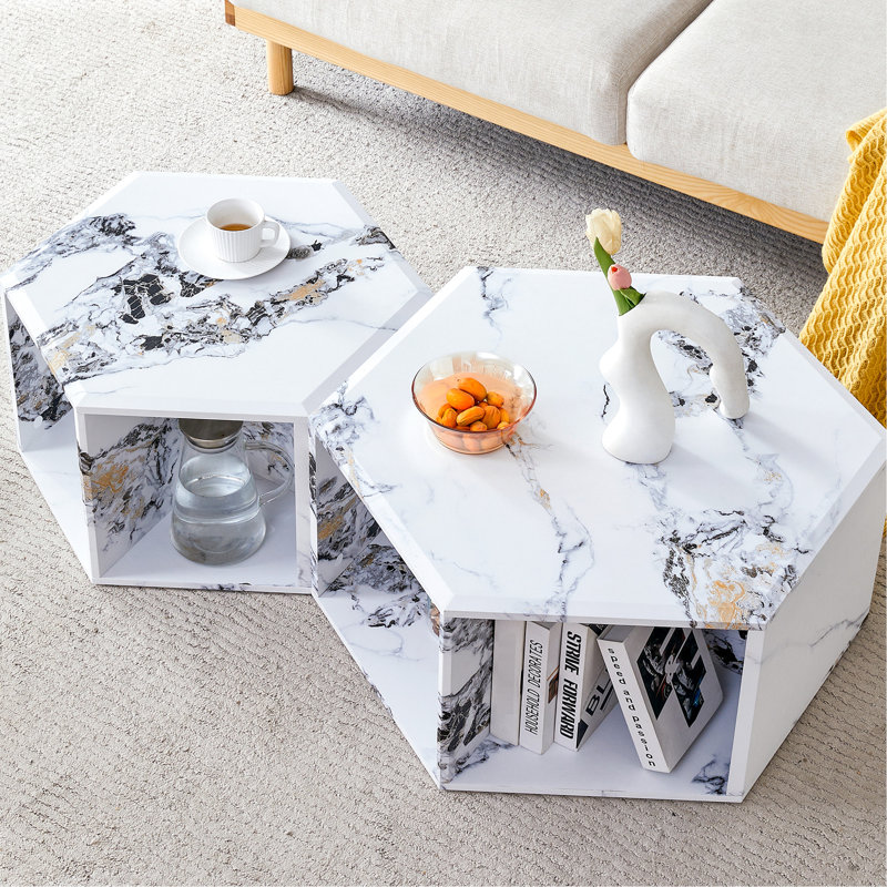 Table basse hexagonale tendance - motif blanc, rangement inclus avec structure à motifs, pratique