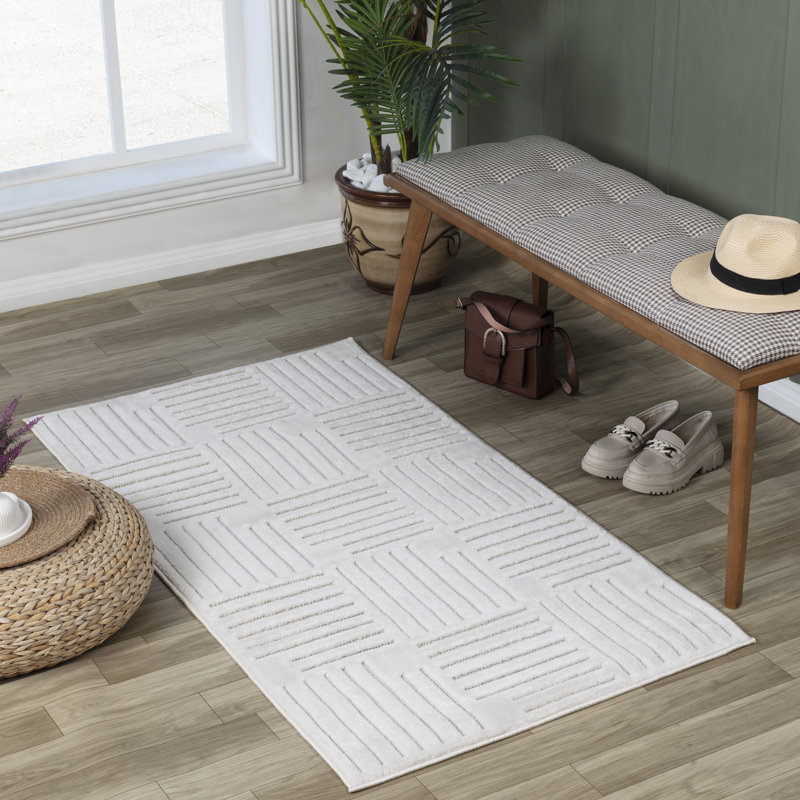 White Modern Outdoor Rug, Geometric Stain Resistant Easy to Clean Rug For Patio, Balcony, & Garden, Rectangle 160 x 220 cm