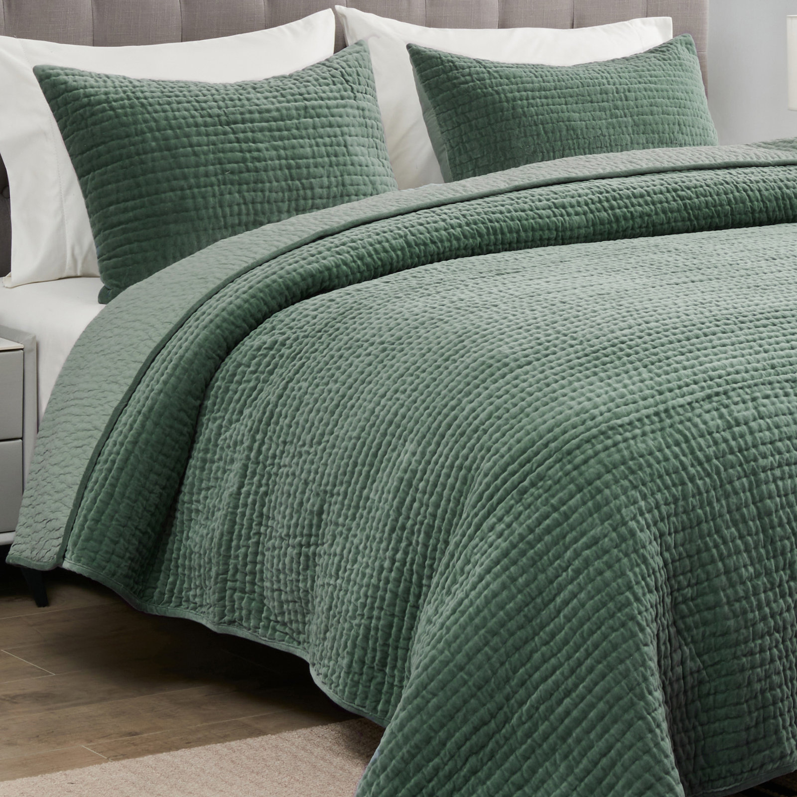 Chambord Cotton Quilt Set, Queen Quilt + 2 Standard Shams, Forest Green