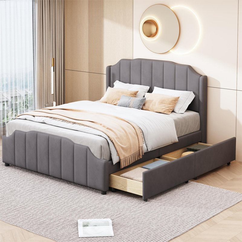 Bomford Upholstered Velvet Drawers Bed, European Double (140 x 200cm), Grey