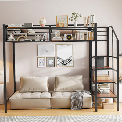 Twin Size Metal Loft Bed With Upper Grid Storage Shelf And Lateral Storage Ladder