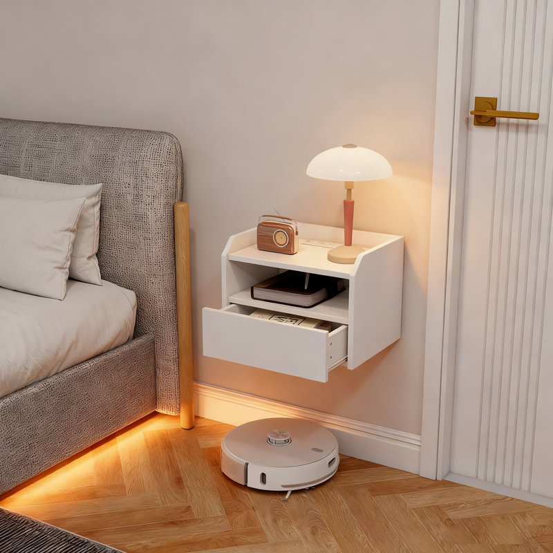 Ensemble de 2 tables de chevet flottantes avec station de charge blanche, Blanc
