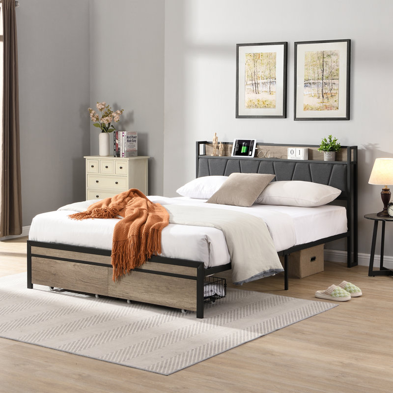 Size Metal Platform Bed Frame With Upholstery Storage Function Headboard And USB LINER And Footboard With Drawers, No Box Spring Needed, Large Under Bed Storage, Easy Assemble