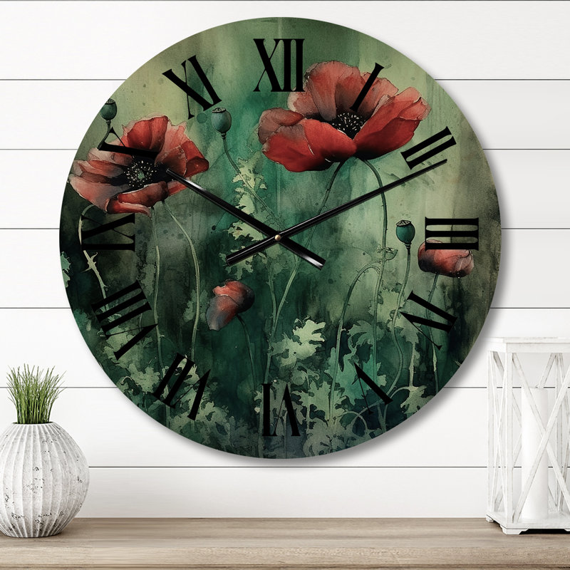 Horloge murale surdimensionnée en bois Emerald Vibrant Poppies II - Poppies, Moyenne