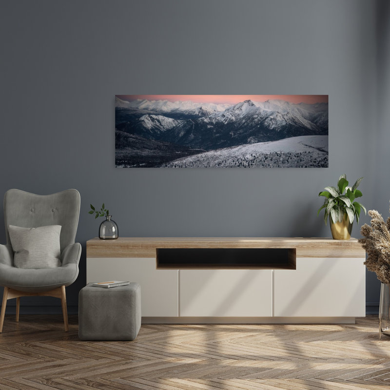 Snowy Peaks at Sunset Serene Abstract Contemporary Evergreen Tree Forest Landscape Art mural, H 48 po x l 16 po