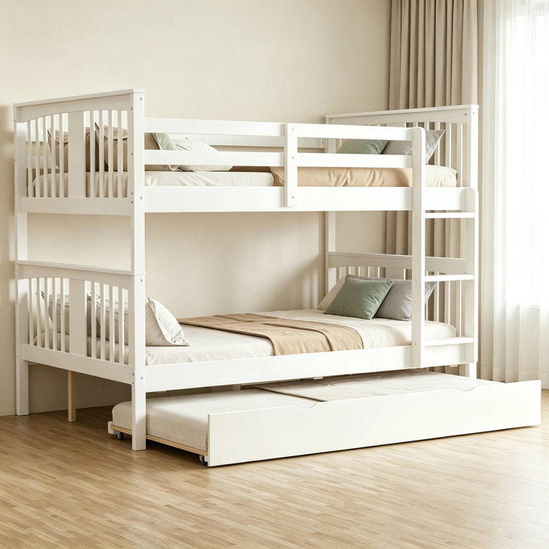 Full Over Full Convertible Wooden Bunk Bed with Twin Trundle, Splits Into Two Full Platform Beds, White