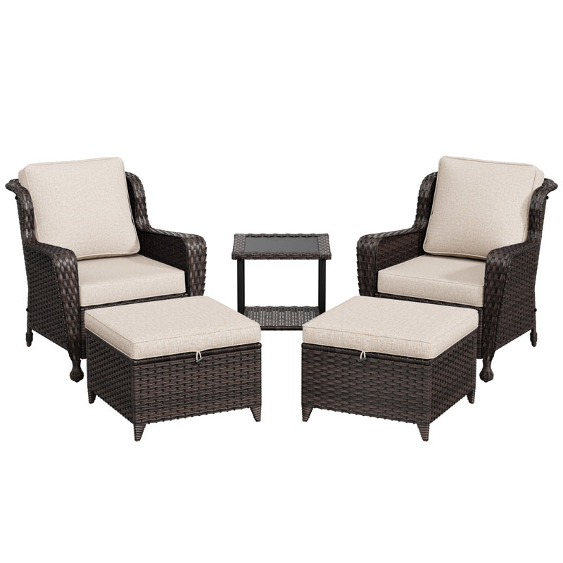 5-piece Patio Rattan Conversation Set With Side Table, Beige