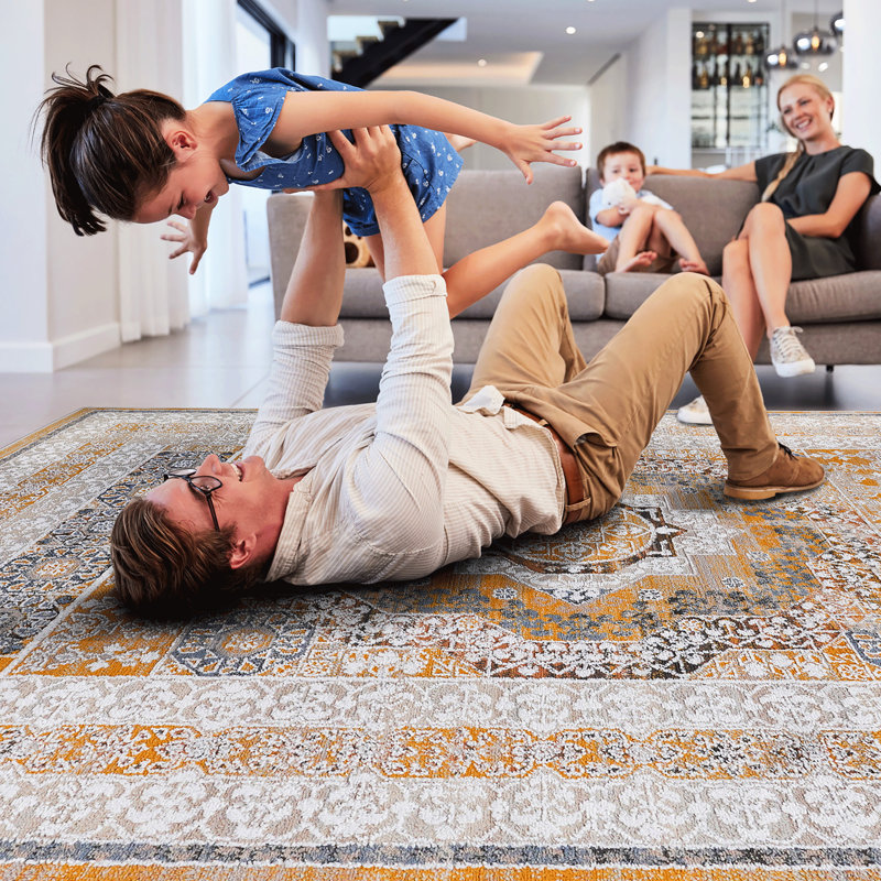 Tapis tissé et tissé, taille 2 x 3, crème / médaillon, sans perte de teinture, teint, vivifiant