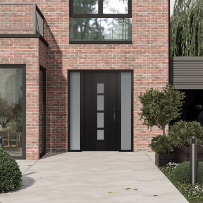 Diamond A10 Panel Black Steel Prehung Front Entry Door With Two Sidelites
