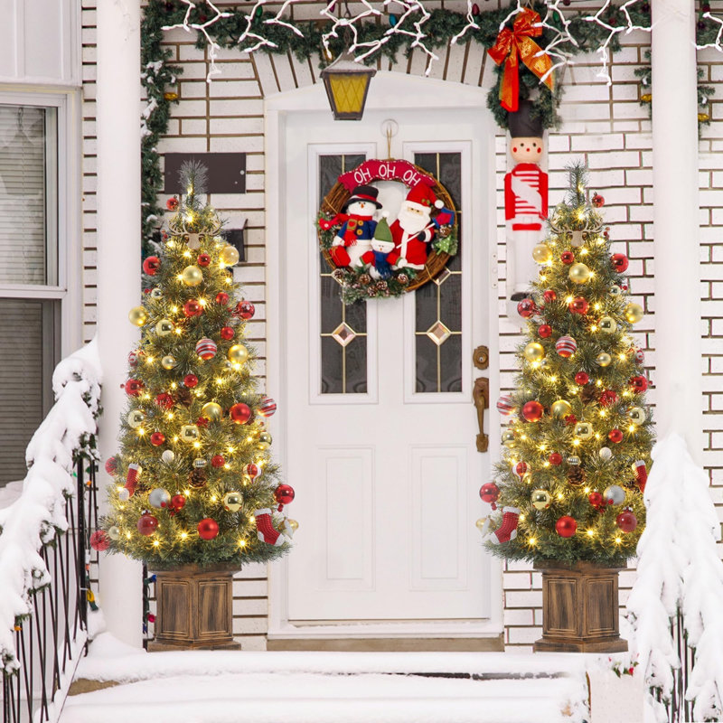 Christmas Tree-Fat Tree Body Contains 4.5Fth Potted Tree 200 Lights, Frost Flowering Cedar, Large Square Pot Base, 4 Red Fruits