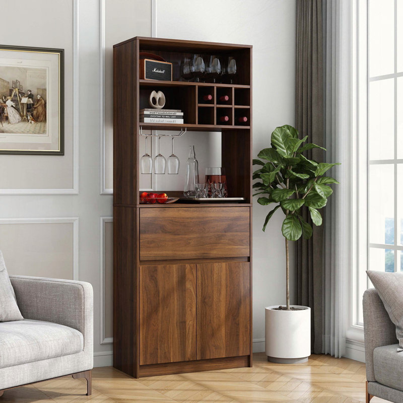 Armoire à vin multifonctionnelle avec tablette en verre noyer brun