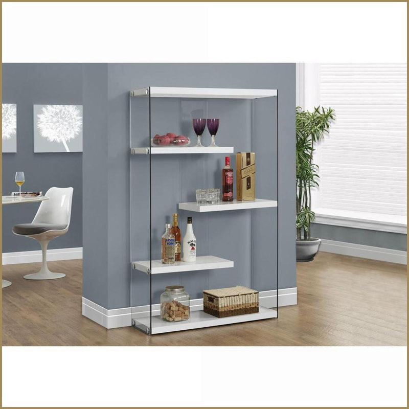 Bookshelf 5 Tier 60”h Modern | Glossy White Laminate Clear Tempered Glass | White MDF