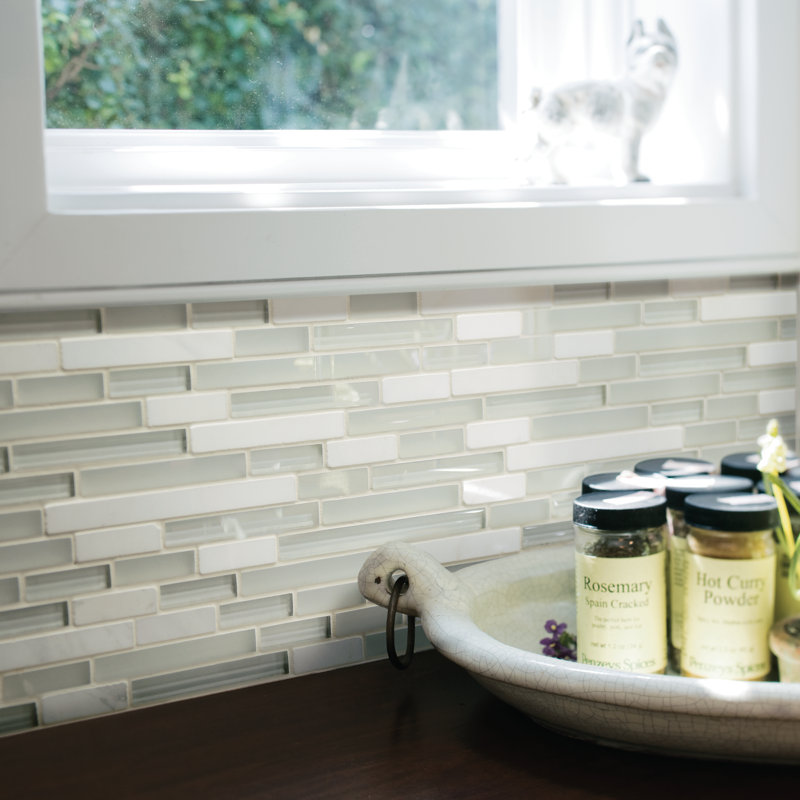 Viva Linda Mixed Linear Glass & Stone Tile Mosaic Sheet, White blend
