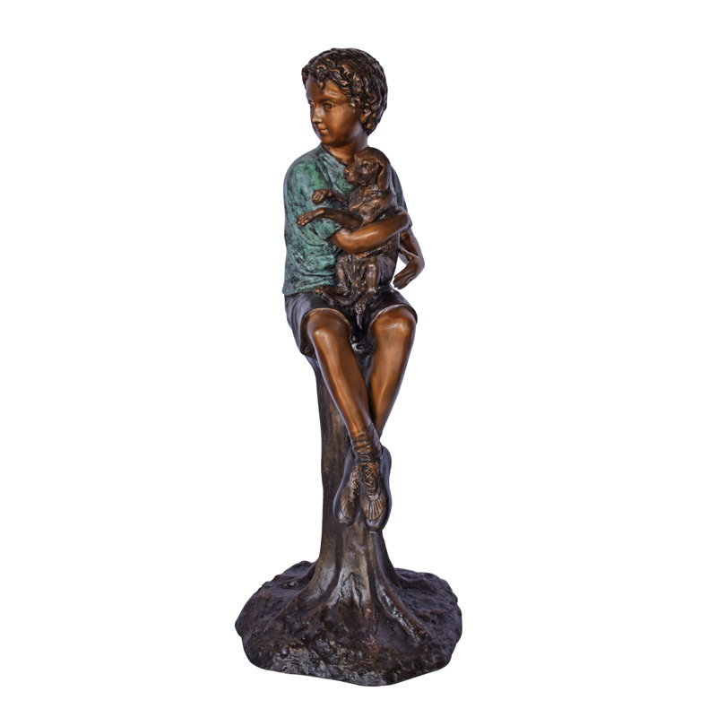 Boy Sitting On A Log With His Puppy Bronze Statue - Size: 15"L X 15"W X 35"H.