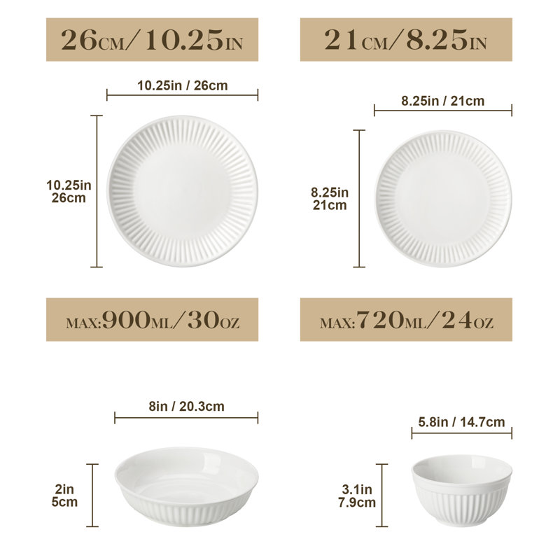 Piece Porcelain China Dinnerware Set - Service for 4, White