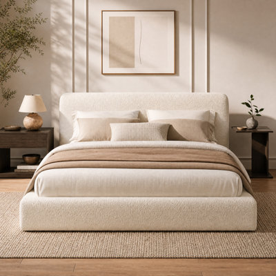 Cloud‑Style Upholstered Platform Bed Frame with Boucle Headboard, 5‑Inch Plush Foam Padding, Curved Design, Heavy‑Duty Metal Slats, Hidden Hook‑and‑Loop, No Box Spring Needed, Easy Assembly