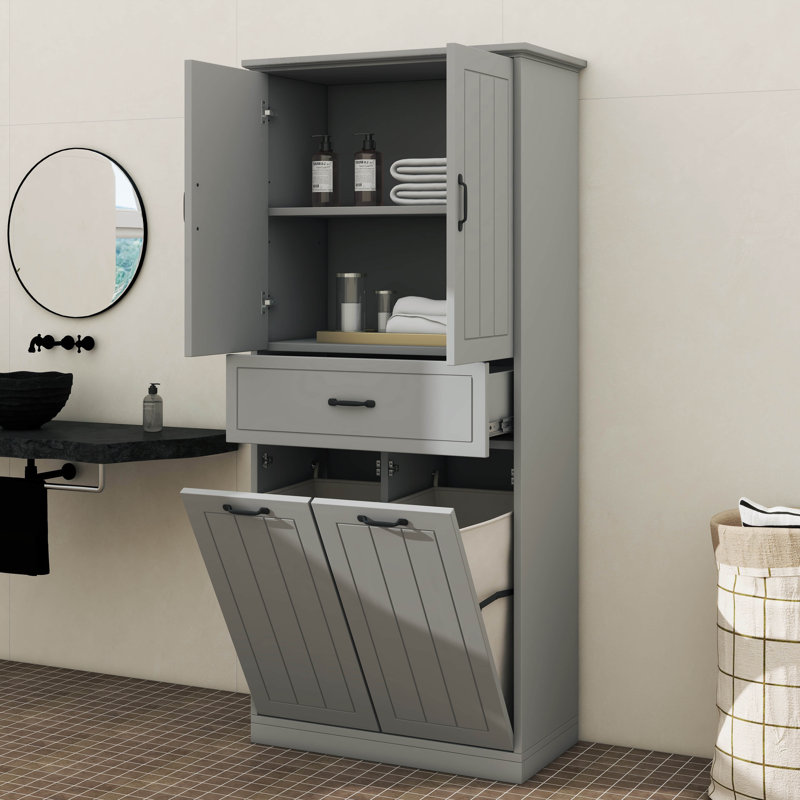 Armoire de rangement pratique pour la maison avec deux portes de panier à linge et un tiroir pratique, Gris