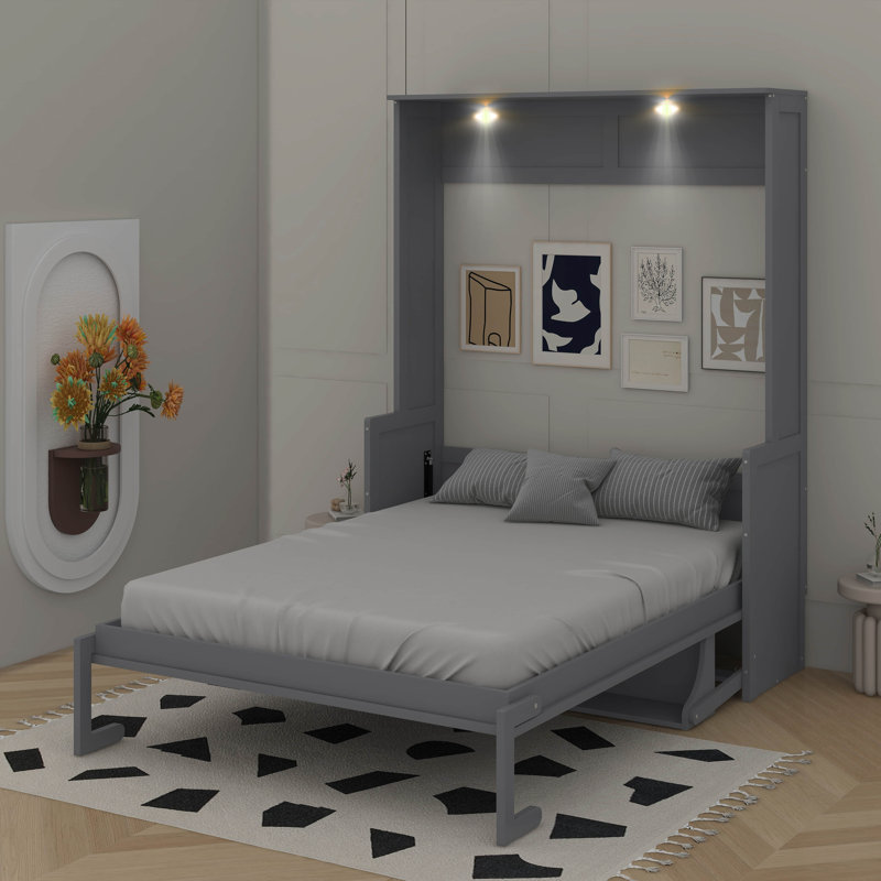 Grand lit escamotable avec bureau, lumières DEL et USB, Gris