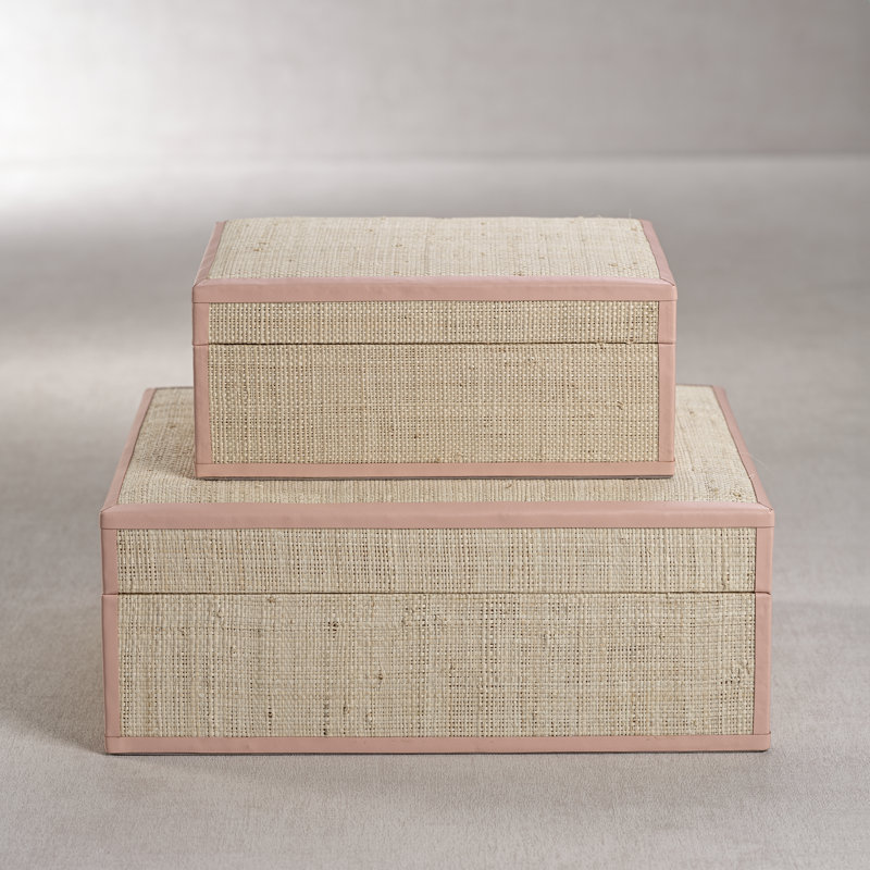 Hadaway Handmade Raffia and Leather Decorative Box, 4.5" H x 12.5" W x 10" D, Pink/Natural