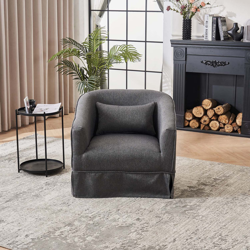 Fauteuil demi-tonneau pivotant en lin avec repose-pieds, Lin gris foncé