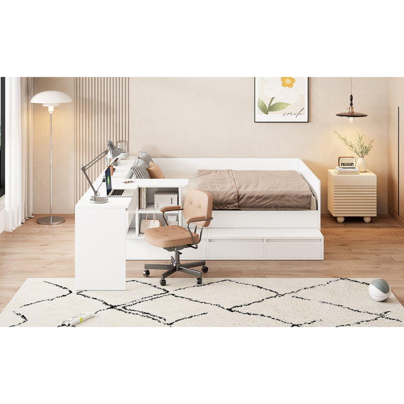 Lit plateforme double blanc avec coiffeuse et tablettes, 2 tiroirs de bureau pour le rangement des cosmétiques Blanc, lit, 6 tiroirs, table, différents motifs de décoration