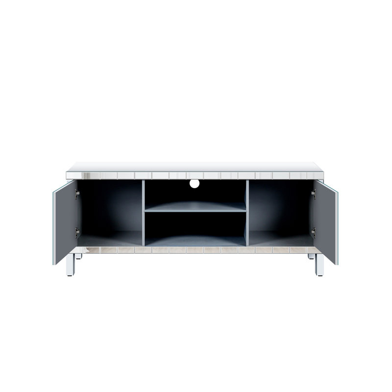 Meuble télé en miroir pour téléviseur de 65 pouces et plus, console de télévision argentée avec rangement ouvert et 2 armoires de rangement, portes de miroir scintillantes en forme de diamant pour le salon