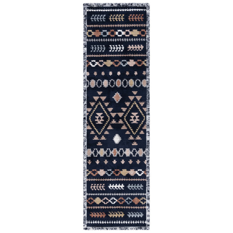 Baston Southwestern Navy/Orange/White Area Rug, Runner 2'2" x 8'