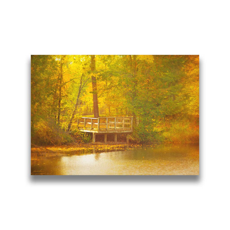 Automne au quai par Hal Halli. Impression sur papier - Montée et encadrée avec de l'acrylique transparent, H 34 po x l 44 po