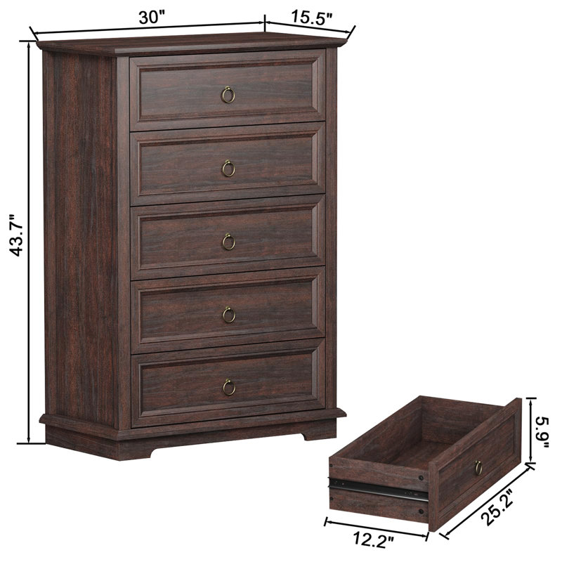 5 - Drawer 43.7" Tall Dressers Chests for Bedroom,Living Room,Accent Storage Cabinets, Espresso Wash