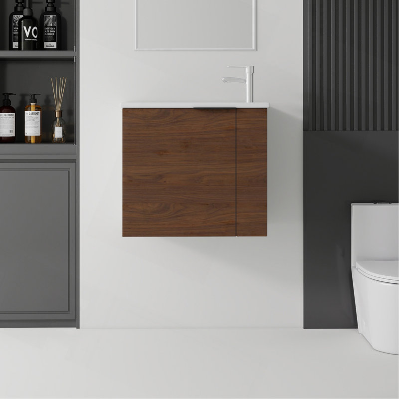 Meuble-lavabo suspendu de 56 cm (22 po), armoire murale en contreplaqué avec lavabo en céramique et portes à fermeture en douceur pour petites salles de bain