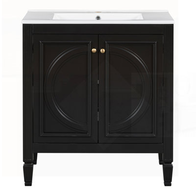 Meuble-lavabo de salle de bain avec double vasque en céramique, portes à fermeture en douceur, tiroir de rangement et tablette noire pour un rangement élégant