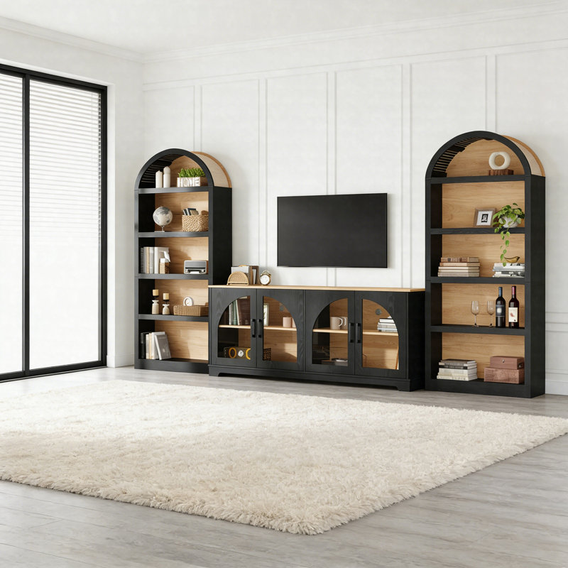 Meuble audio-vidéo deux tons à grain de bois avec design arqué et portes en verre trempé, Noir