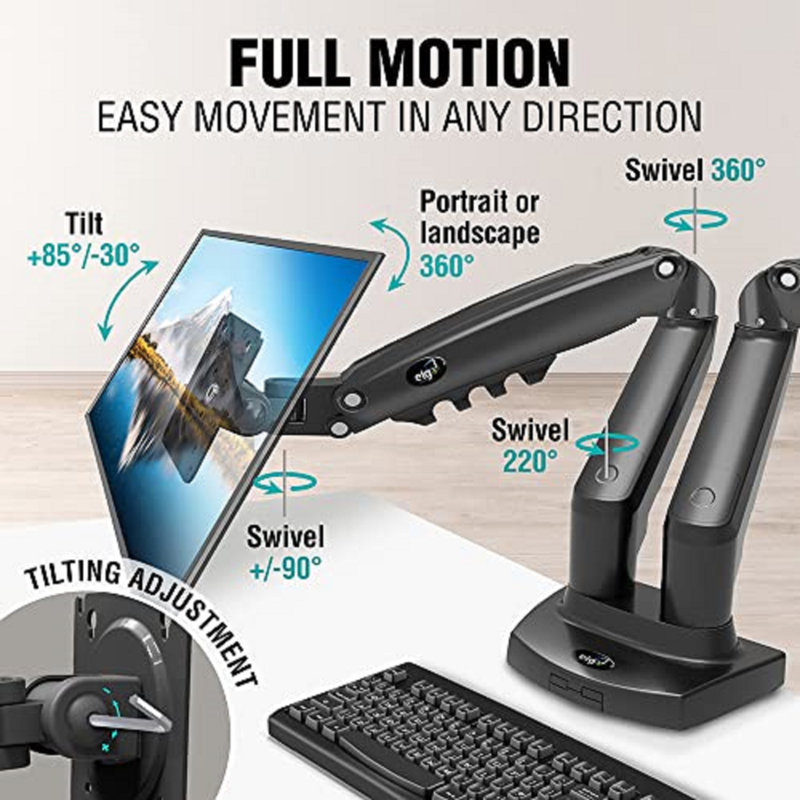 ELG F160N Full Motion Dual Monitor Desk Mount Swivel Stand Gas Spring for 17”-35” VESA Two Screens