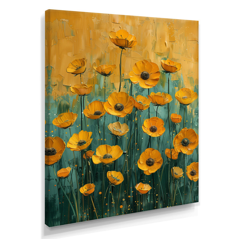 Décoration jaune jaune, bleu, bouton d'or et prairie I - Bouton d'or, Toile tendue, 40" H x 30" W